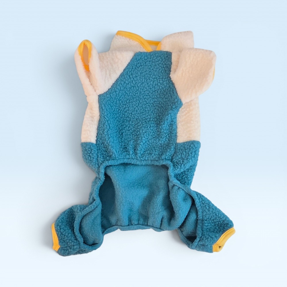 Two Tone Sherpa Fleece Dog Pajamas Teal Cream Pet Onesie with D-Ring Size Small - Picture 8 of 9